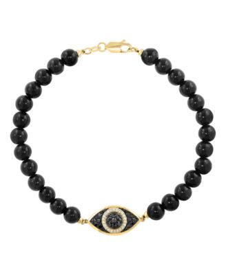 Men's Onyx (6mm), White Diamond (1/10 ct. t.w.) and Black Diamond (1/3 ct. t.w.) Bracelet in Gold Over Silver