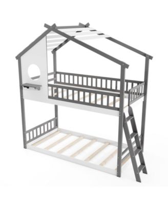 Kids House Bunk Bed Twin Over Twin with Roof and Safety Rails