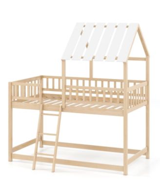 House Style Twin Over Twin Bunk Bed with Roof, Guardrails for Kids and Teens Room