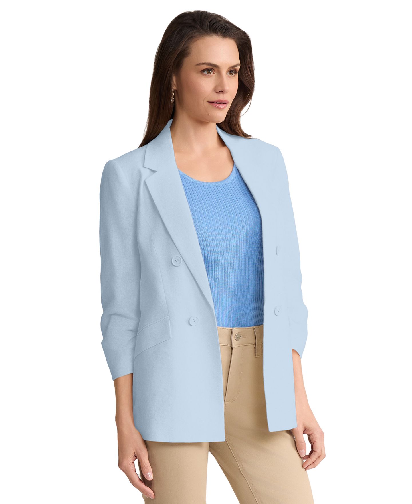 Женский пиджак Jones New York Petite Linen Blend Faux Double Breasted Blazer, цвет: Синий — фото 4