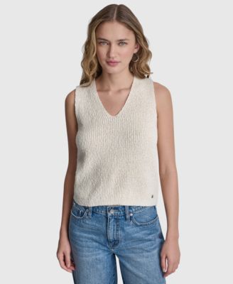 Women's Sleeveless V-Neck Rib Logo Charm Cotton Slub Sweater