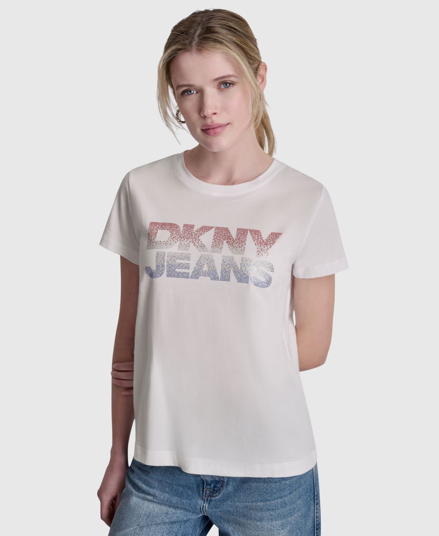 Women's Stacked Ombre Mini Rhinestone Logo Crewneck T-Shirt