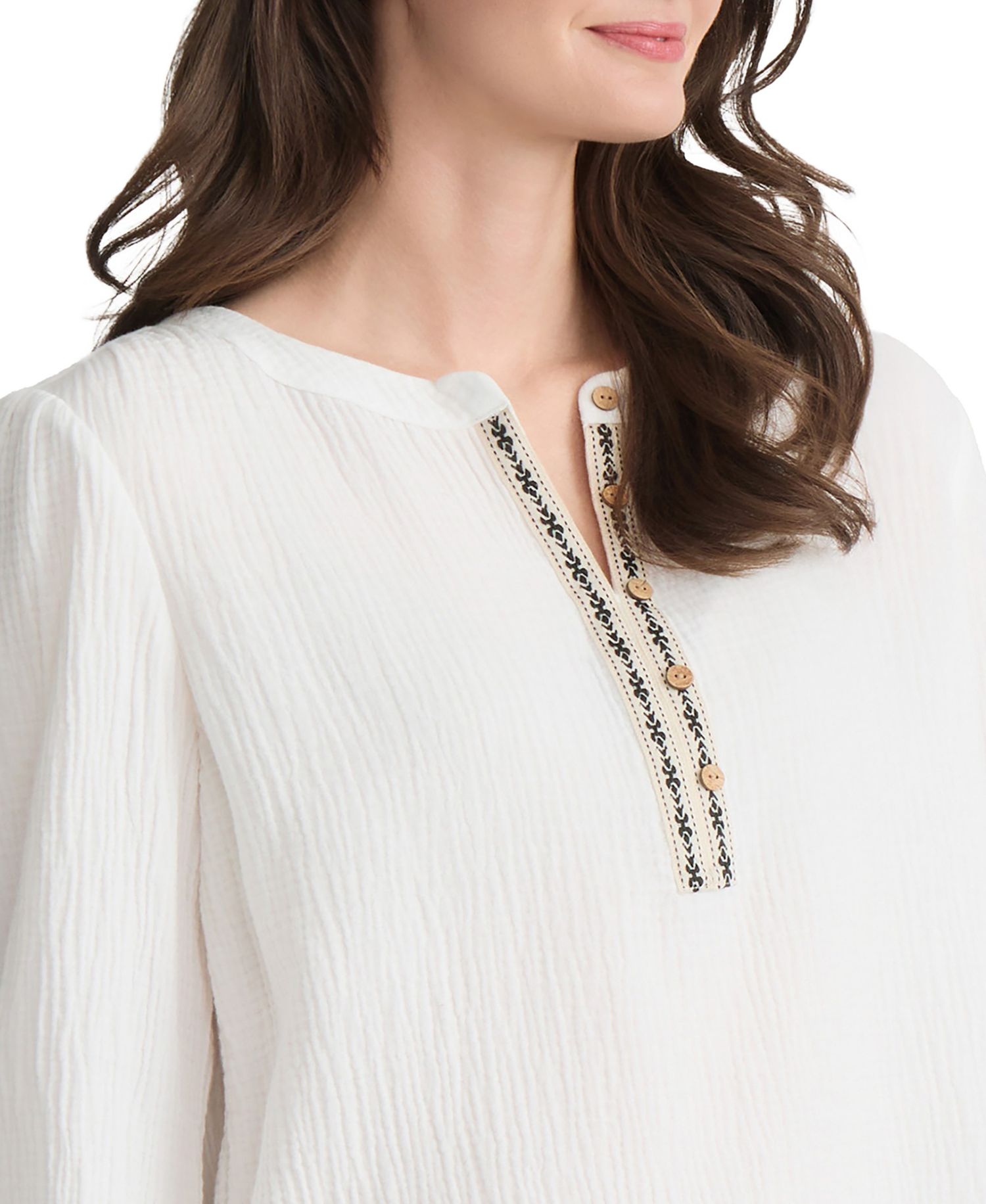 Petite V-Neck Embroidered Placket Popover Top