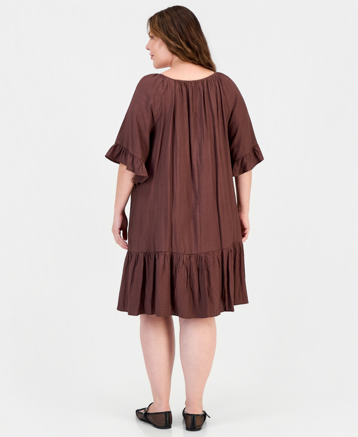Robbie Bee Plus Ruffle-Hem Bell-Sleeve Split-Neck Dress