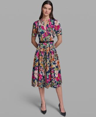 karl lagerfeld paris women's puff-sleeve belted a-line dress Floral Printed V-Neck Belt - Currant/Light Blush Multi These Days Backless Lace