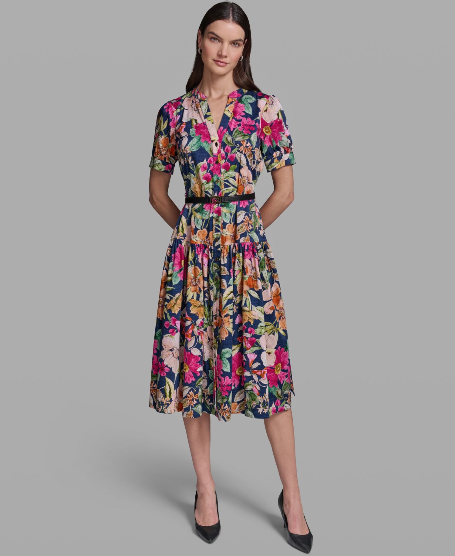 Women's Floral Printed V-Neck Belt Dress