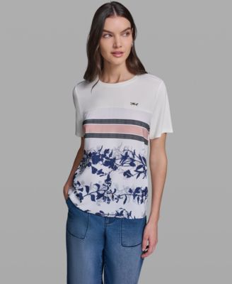 Women's Short-Sleeve Mix-Media Printed Knit Top