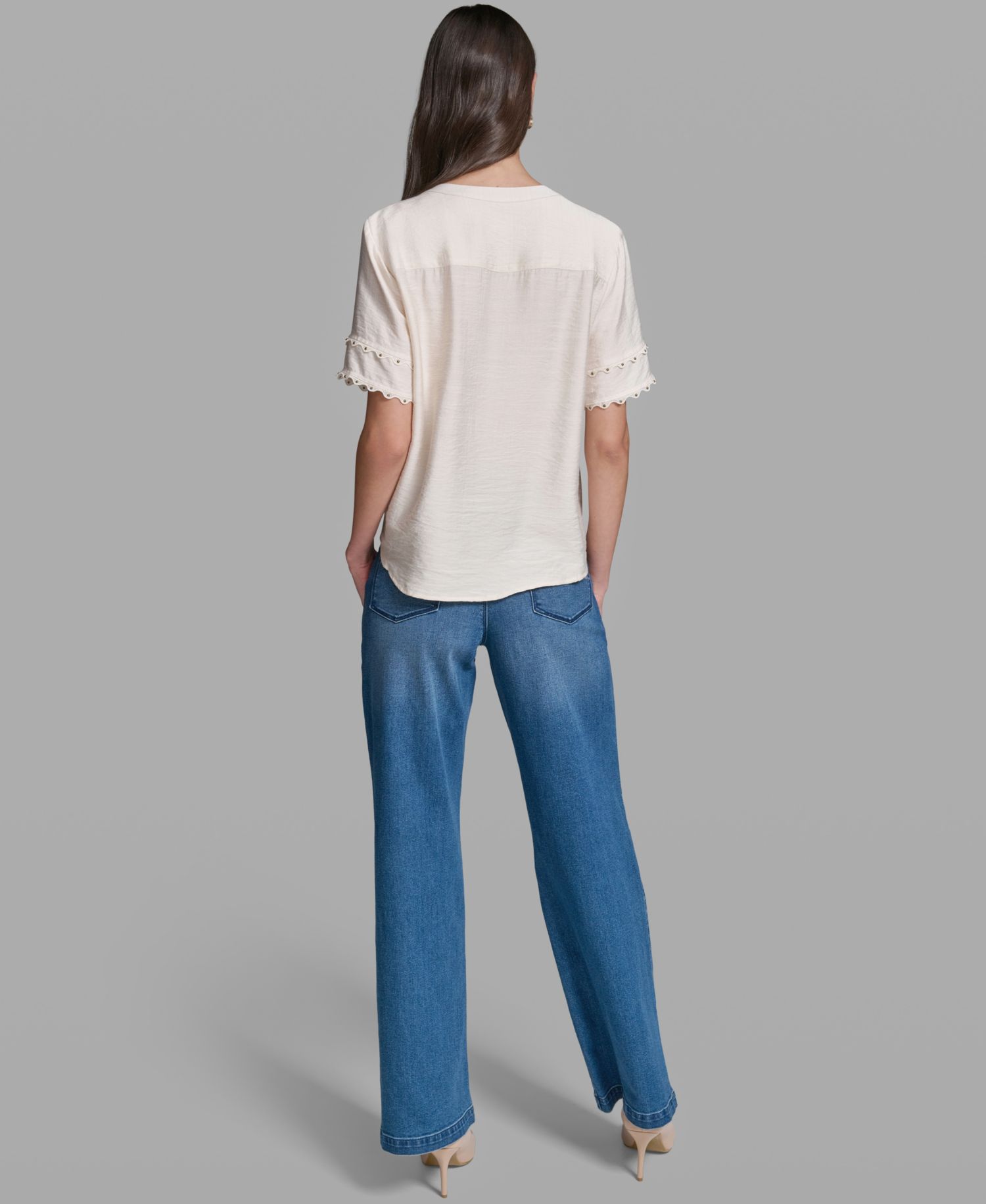 Women's Short-Sleeve Nailhead Trim Woven Top