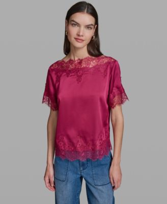 Women's Short-Sleeve Lace Trim Blouse