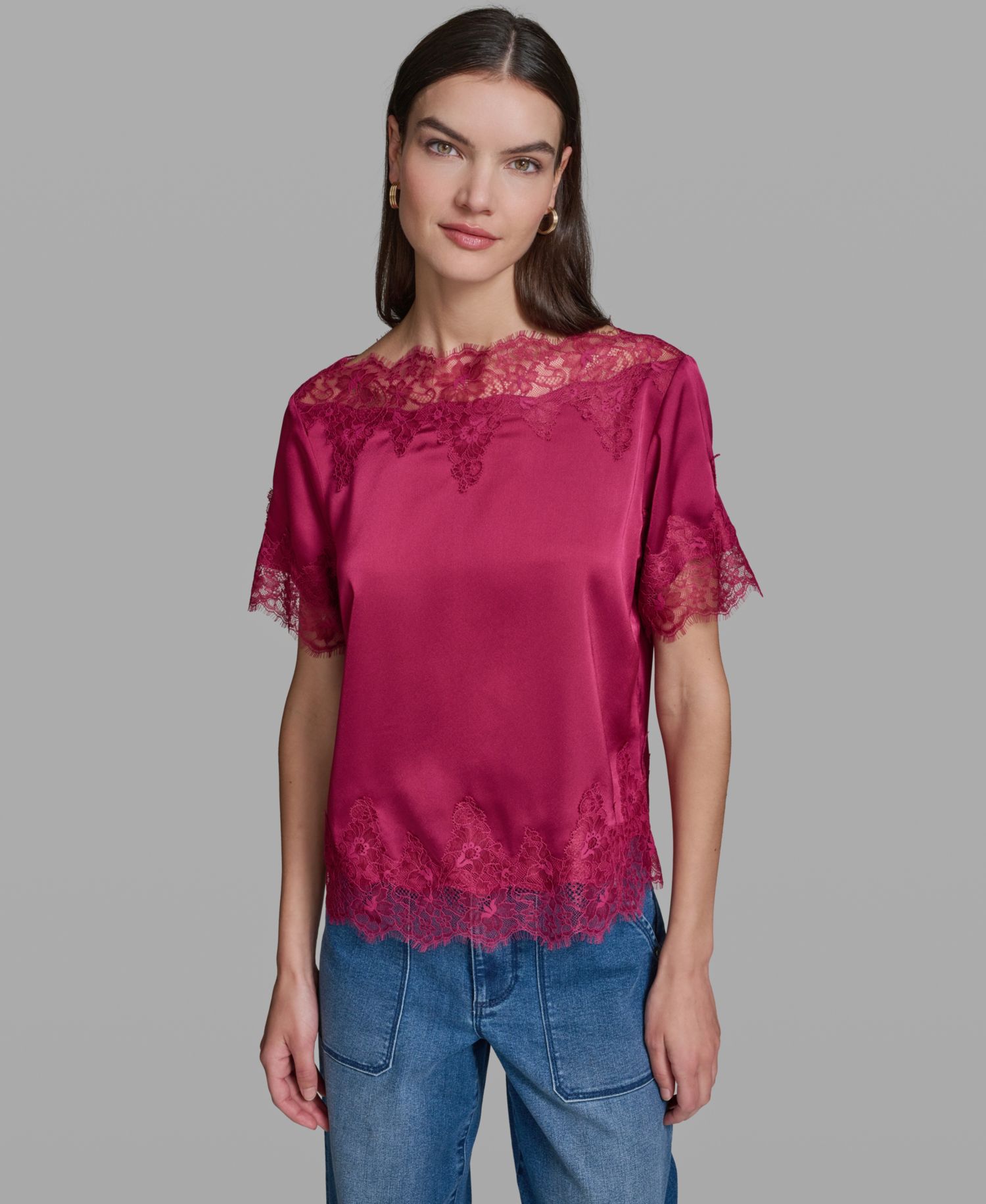 Women's Short-Sleeve Lace Trim Blouse