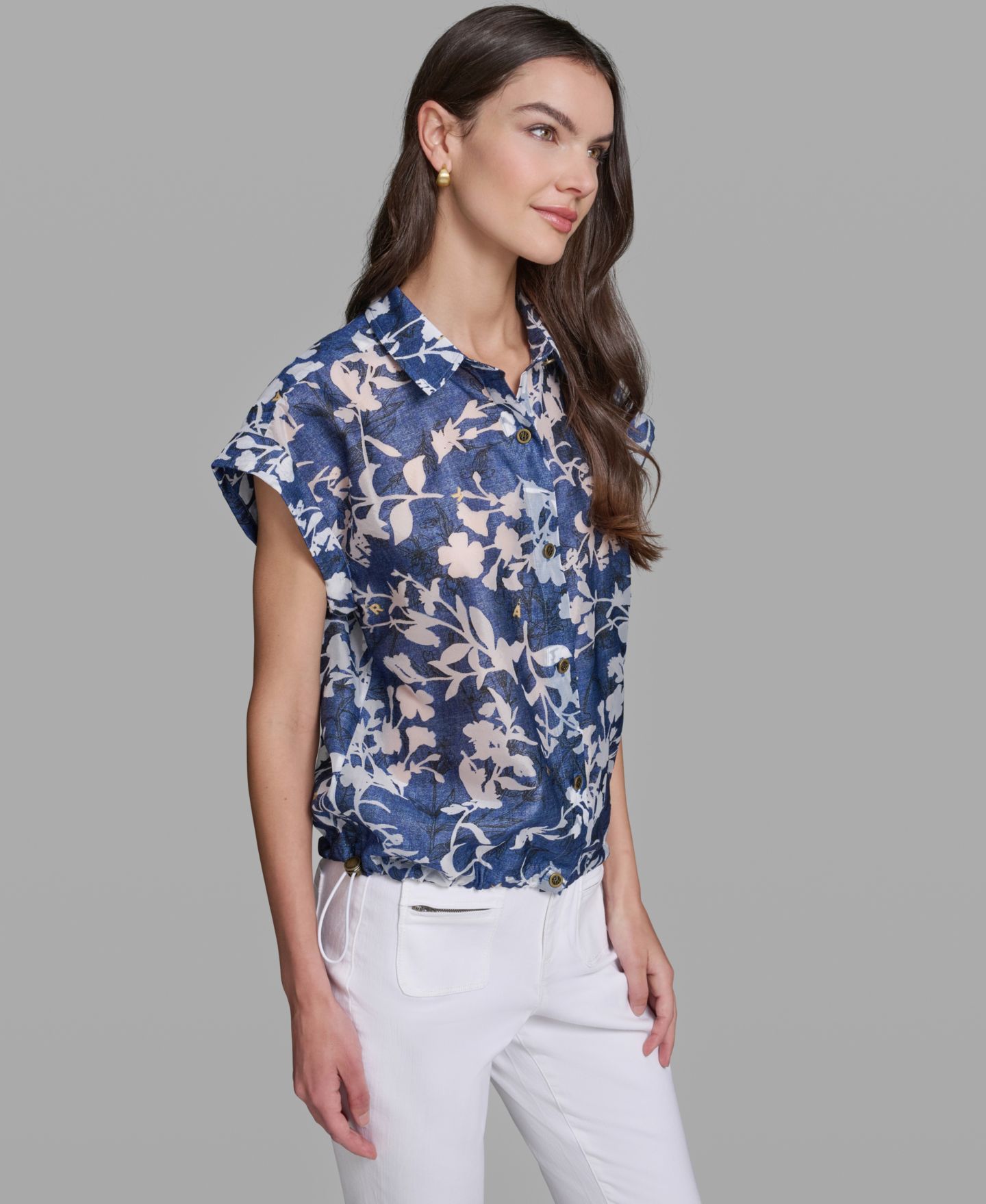 Женская рубашка KARL LAGERFELD PARIS Bungee Burnout Short-Sleeve Woven, цвет: Тёмно-синий / Белый — фото 3