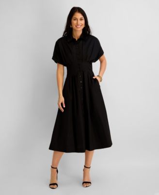 Kensie Women's Button-Front Cinched Waist Cotton Midi Shirt-Dress - Macy's