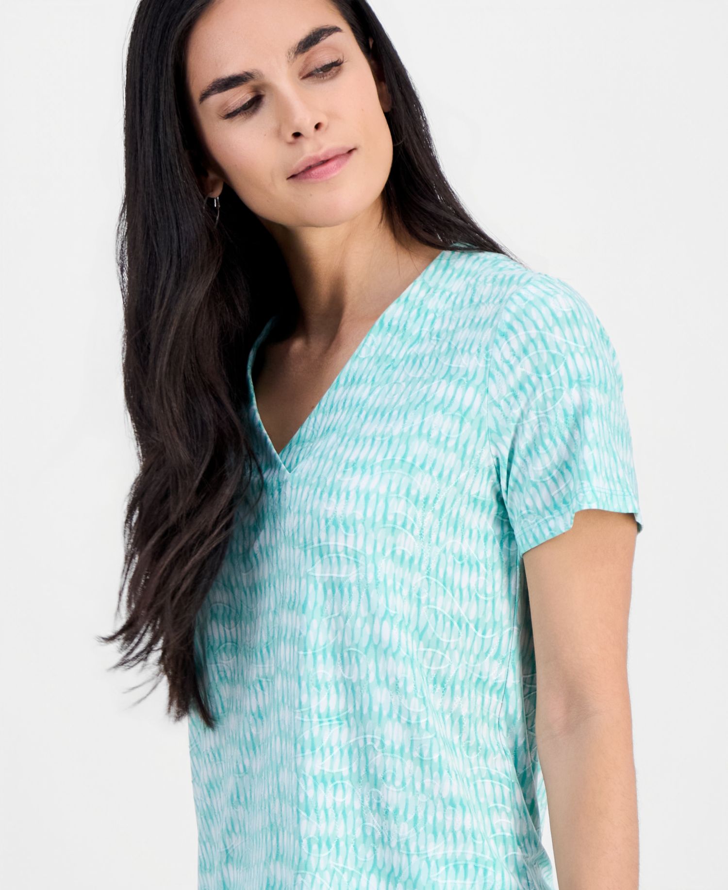 Petite Short-Sleeve Jacquard V-Neck Top