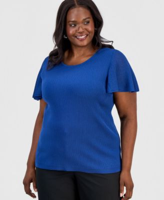 Plus Size Crewneck Flutter-Sleeve Rib-Knit Sweater