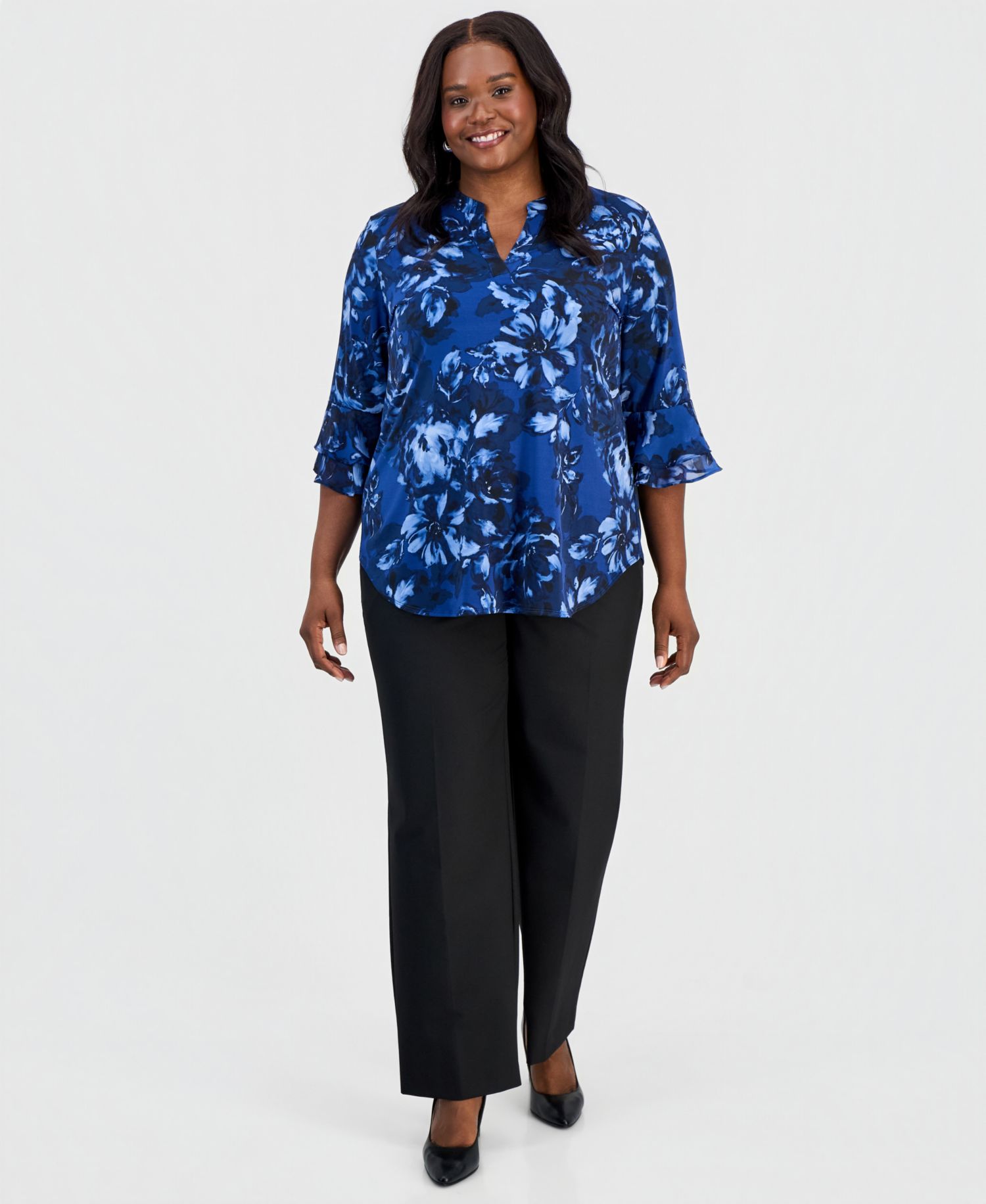 Plus Size Split-Neck Printed Flutter-Sleeve Top