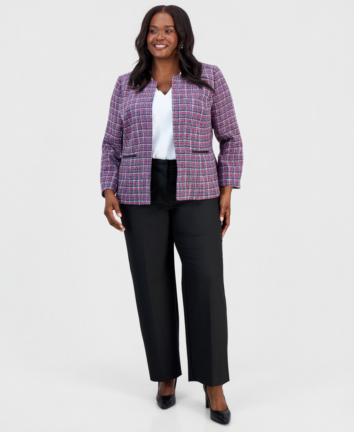 Kasper Plus Size Collarless Open-Front Tweed Jacket