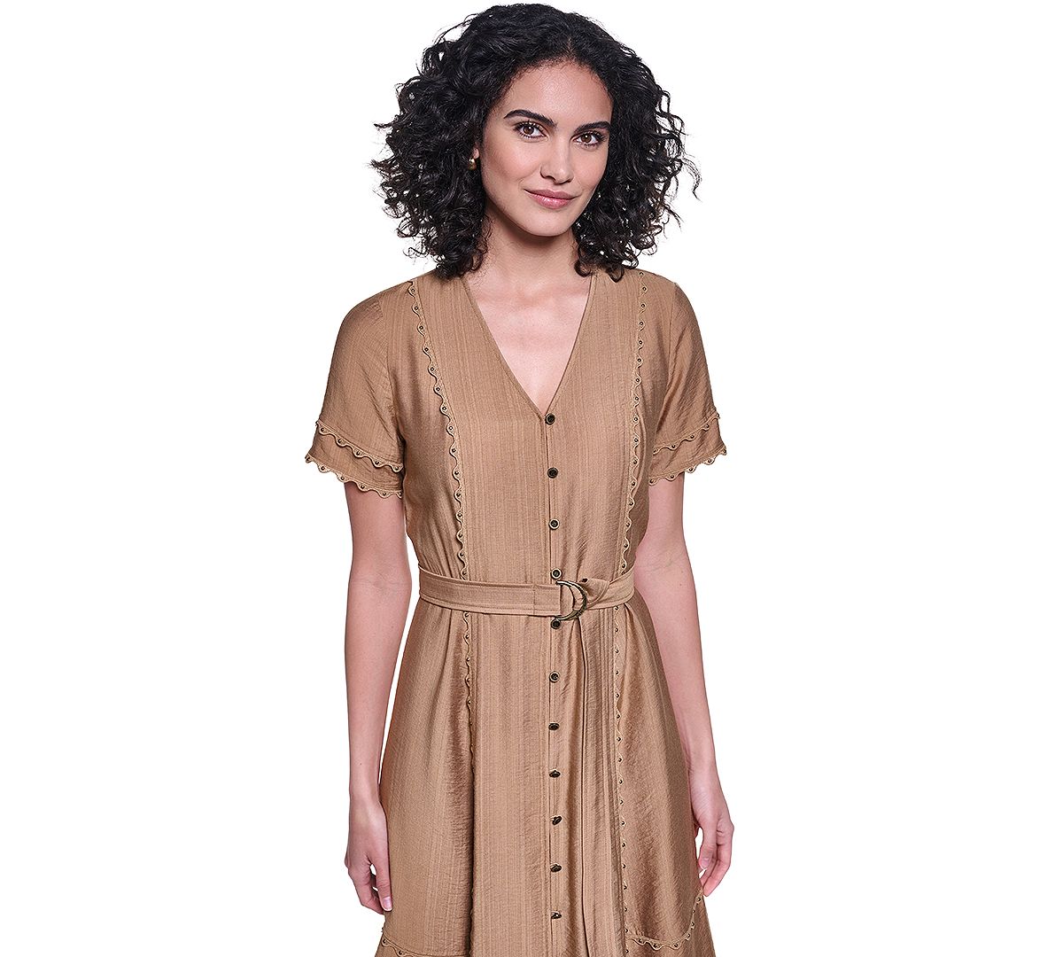 KARL LAGERFELD PARIS Women's Belted Nailhead Trim V-Neck Dress view 3 — MAYCSS fashion products