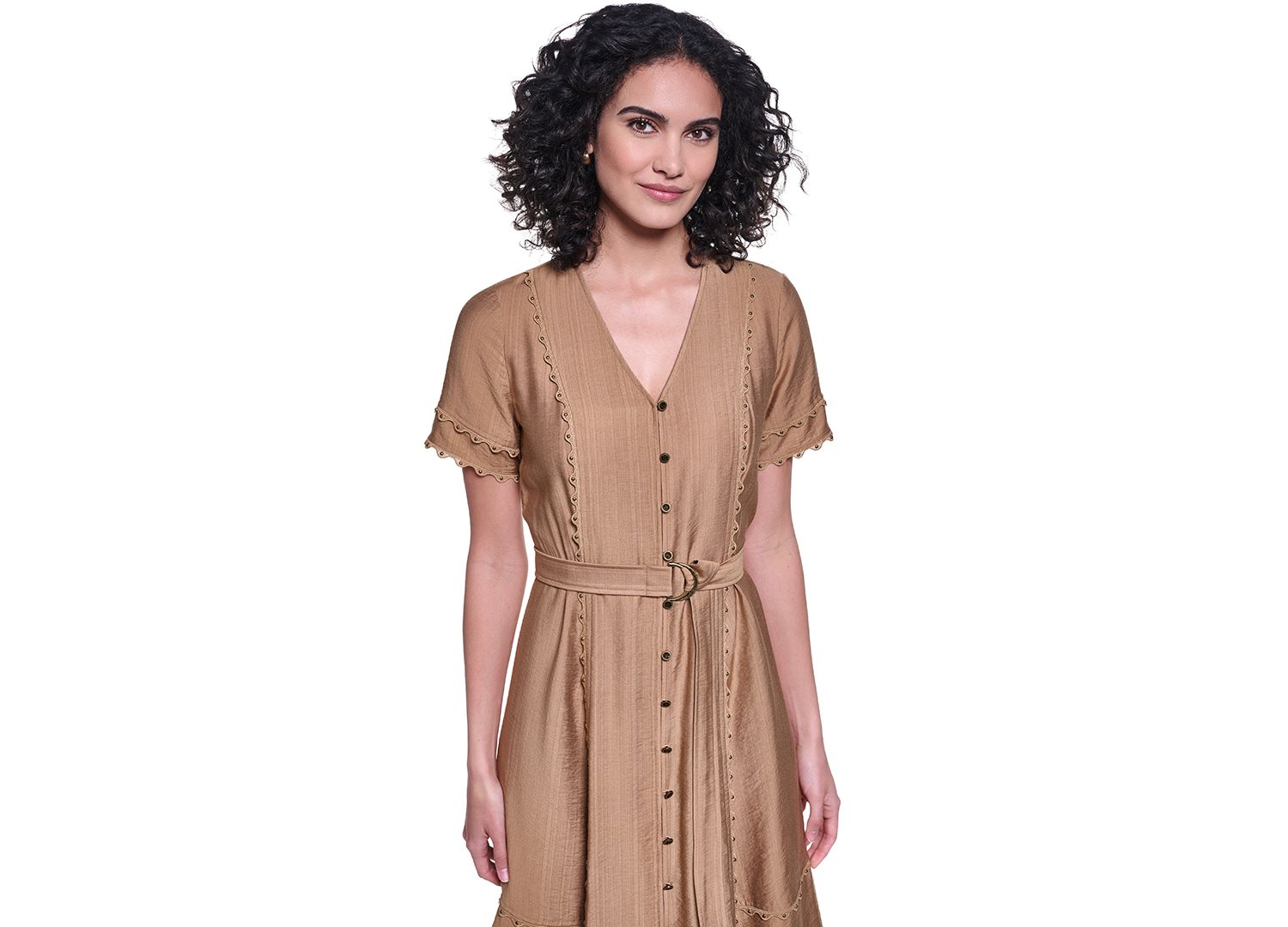 Women's Belted Nailhead Trim V-Neck Dress