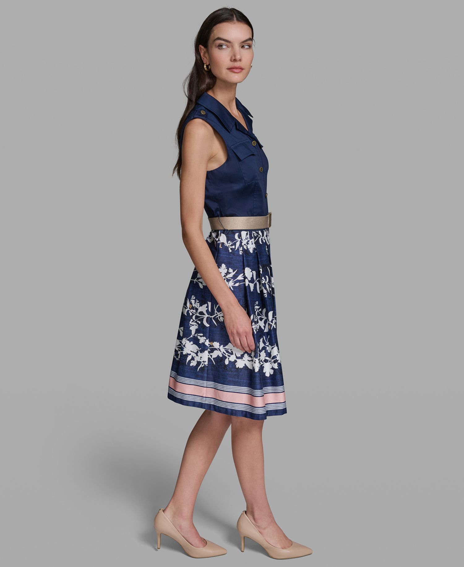 Petite Collared Neck Belted Dress