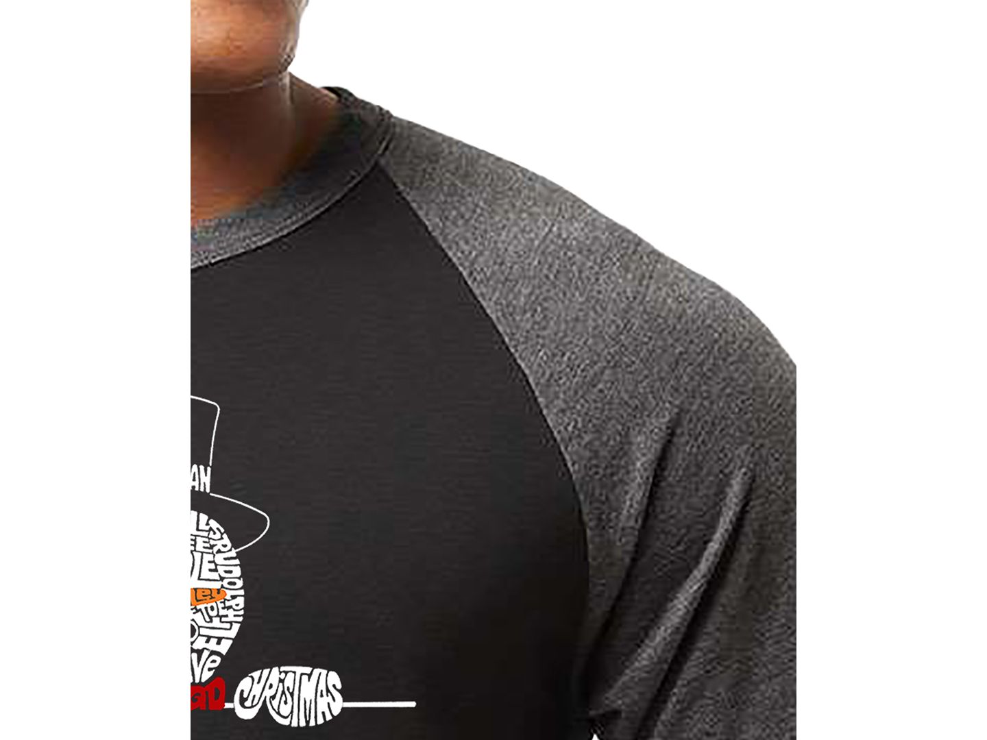 Мужская футболка LA Pop Art Peeking Snowman Christmas Word Art Raglan-Sleeve, цвет: Чёрный / Серый — фото 2