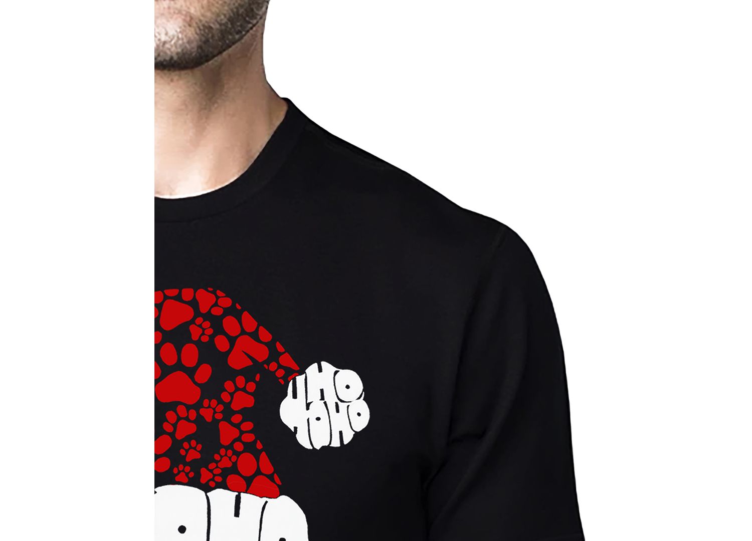 Men's Santa Hat Paw Print Word Art Cotton and Polyester Blend T-Shirt