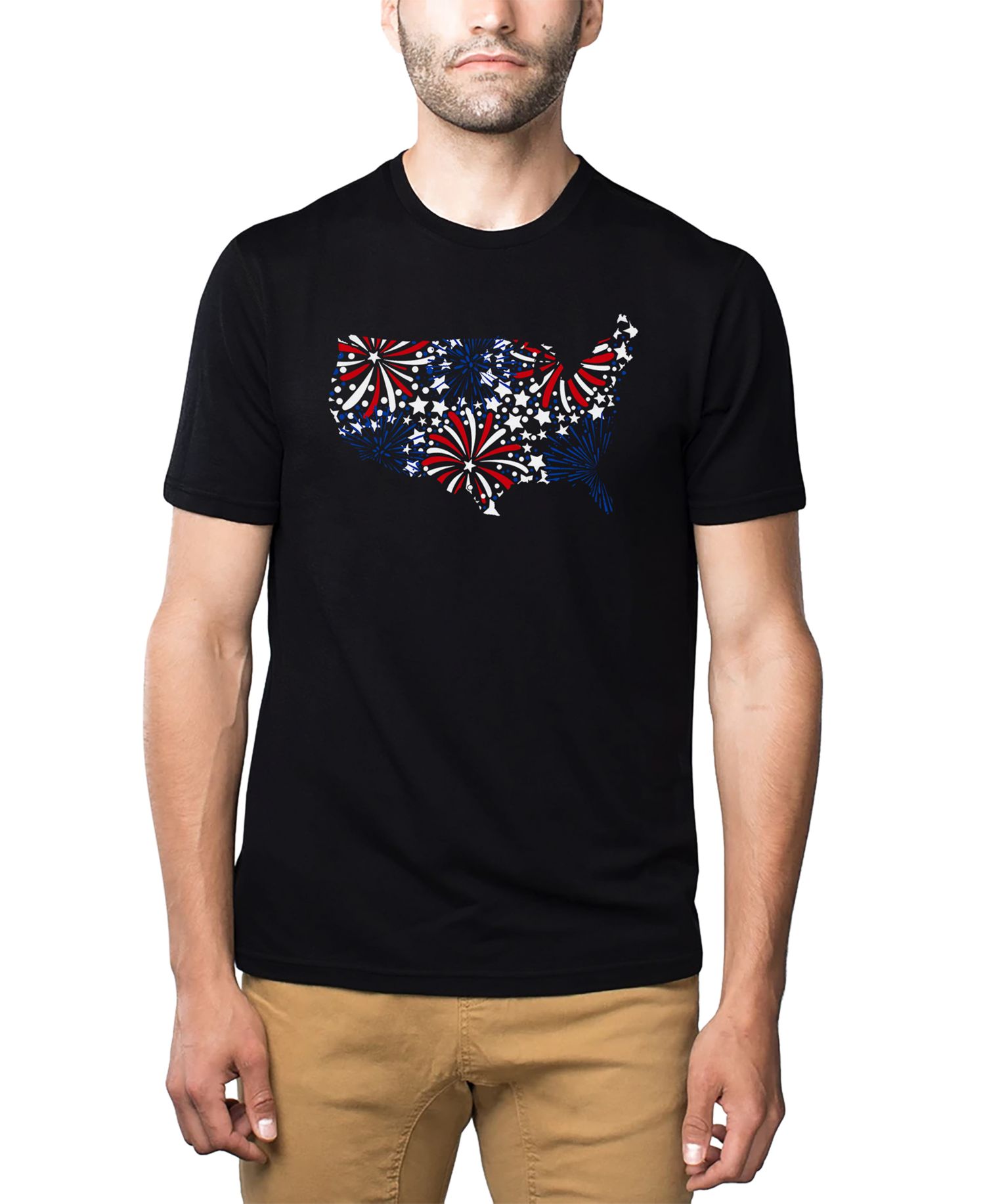 Men's USA Fireworks and Stars Word Art Cotton and Polyester Blend T-Shirt