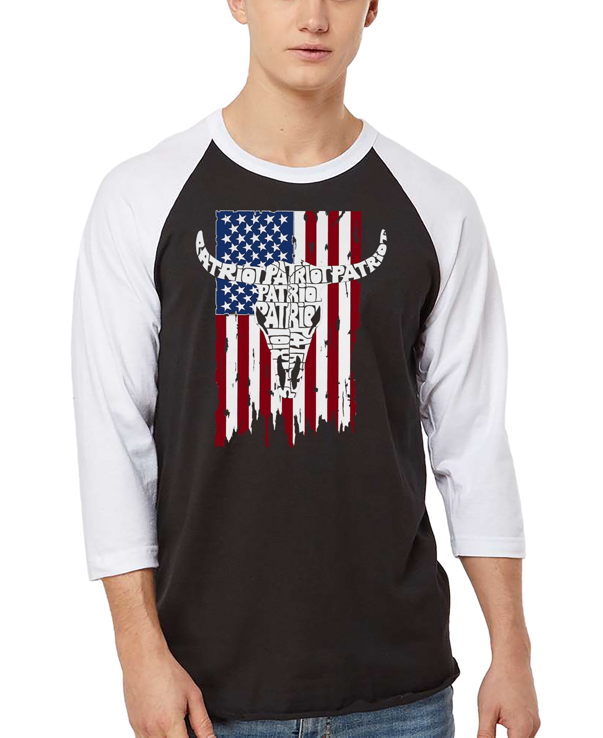 La Pop Art Men's Patriot Cow Skull American Flag Word Art Raglan-Sleeve T-Shirt - Black/White