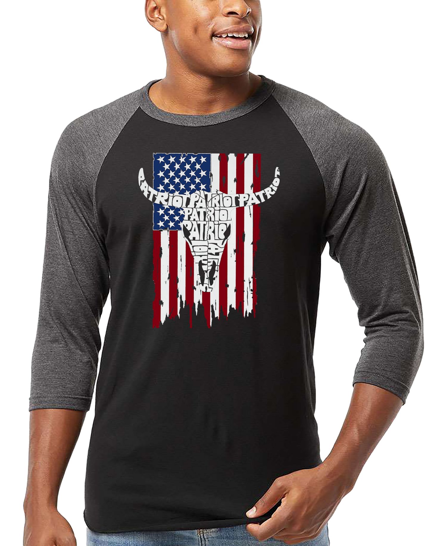 Men's Patriot Cow Skull Word Art Raglan-Sleeve T-Shirt