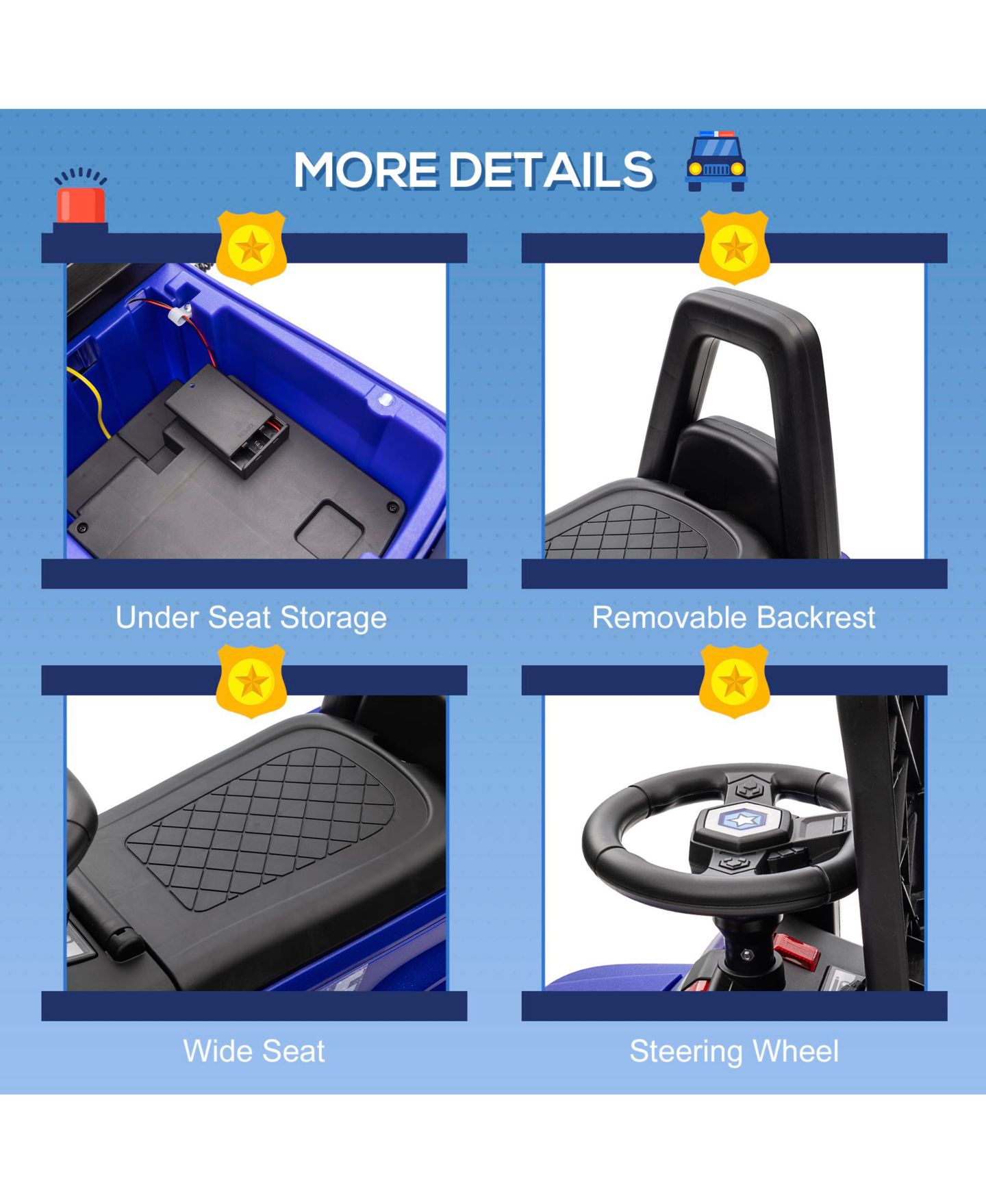Детская игрушка Aosom Police Truck Style Sliding Ride-On with Pretend PA System and Under-Seat Storage, 1 Rider, Ages 1.5+ — фото 7