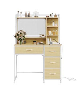 Vanity Desk with Mirror, Makeup Vanity Table with Shelves, 4 Fabric Drawers Storage, Modern Dressing Table for Bedroom, Gift for Women