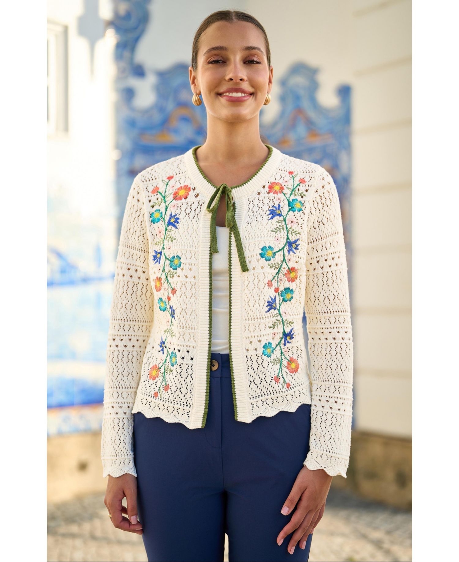 Women's Crochet Knitted Tie Front Cardigan