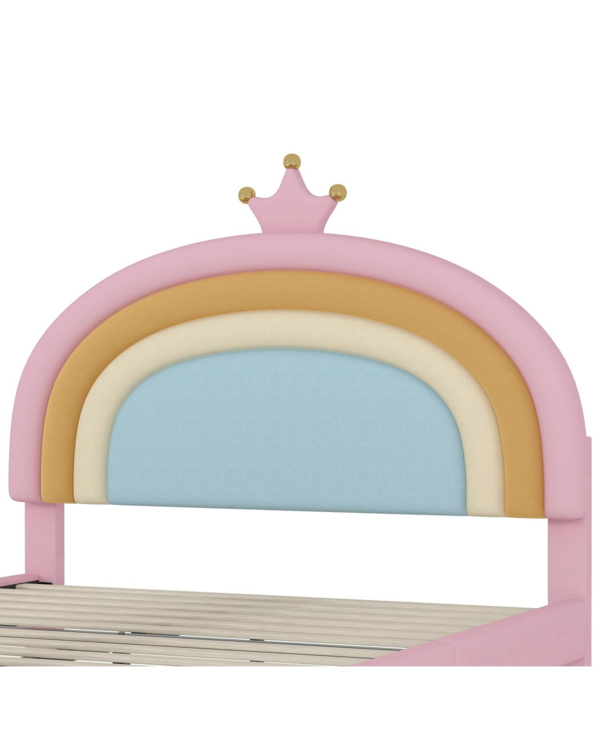 Rainsken Upholstered Kids Bed Frame with Drawer, Rainbow Design Platform Bed, Velvet Princess Bed, No Box-Spring Needed