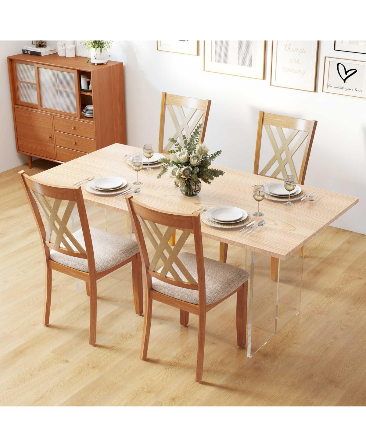 Slickblue Wooden Dining Chair Set of 2 Linen Upholstered Rubber Wood Frame