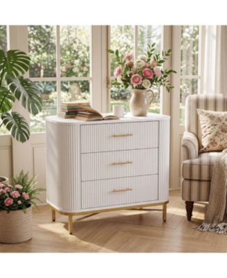 White Nightstand with 3 Drawers, 31.5" W Modern Bedside Table, Fluted Night Stand with Gold Legs