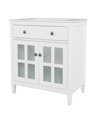 Bathroom Vanity with Ceramic Sink Adjustable Shelf Tip Out Tray Solid Wood Legs Metal Knobs Soft Close Hinges White Freestanding Cabinet