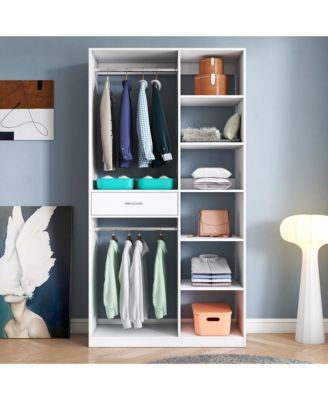 Freestanding Closet System - Wood Walk-in Closet with 2 Hanging Rod, 6 Open Shelves and 1 Drawer for Bedroom