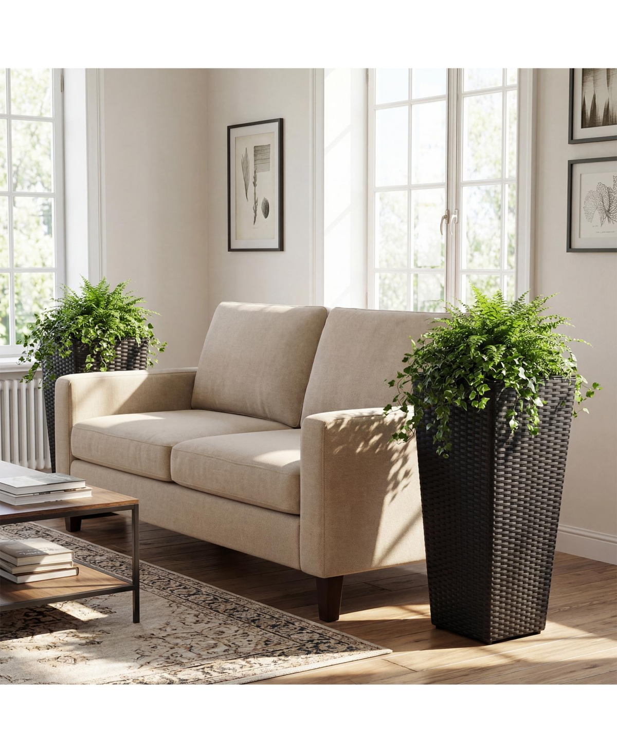 Gymax 2Pieces Rattan Tall Plant Pots with Detachable Plastic Liners Pre-Marked Drainage Hole