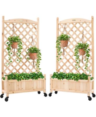 Set of 2 ,Wood Planter Box and Diamond Lattice Trellis, Drainage, Optional Wheels