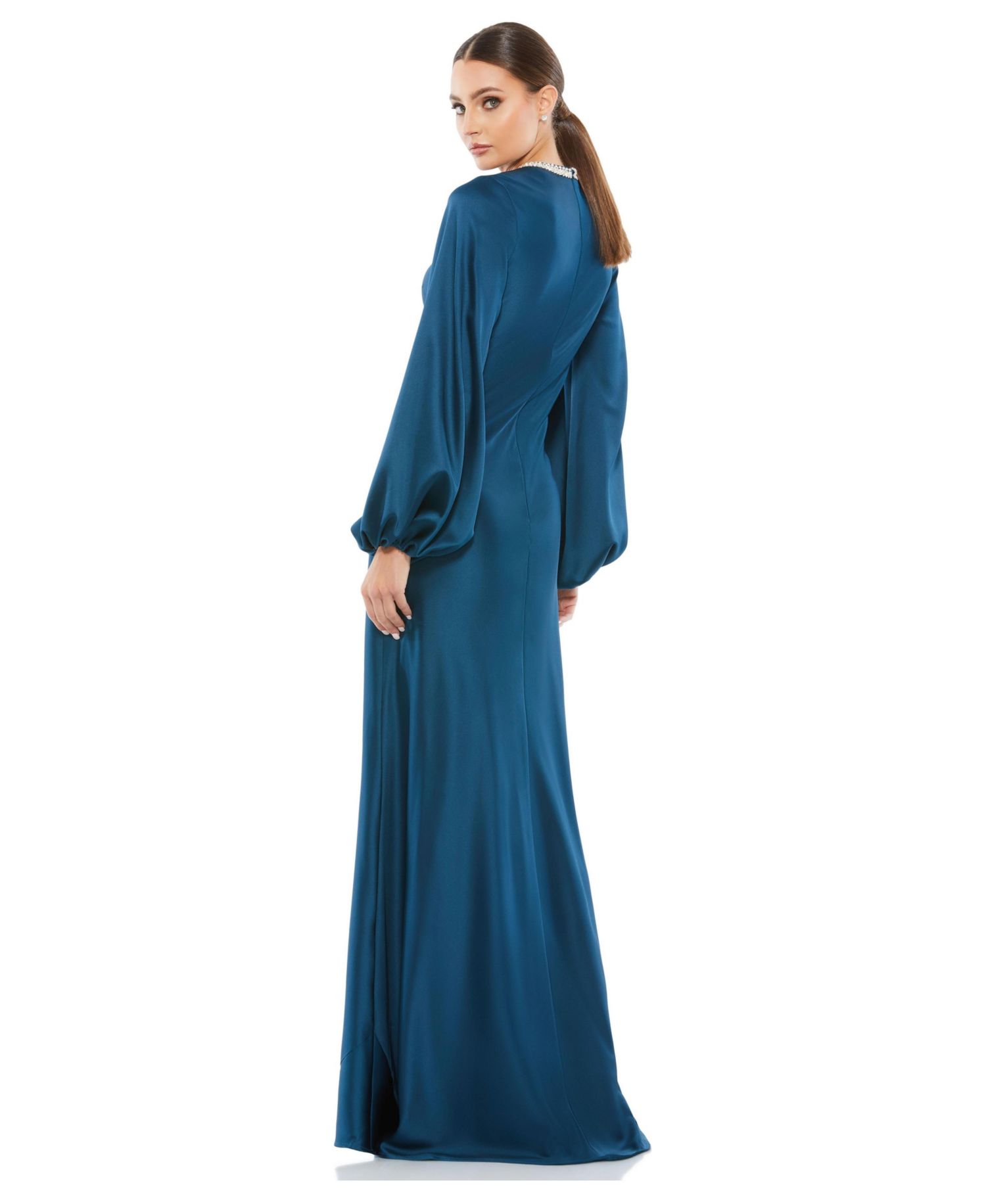 Petite Beaded High Neck Bishop Sleeve Satin Gown