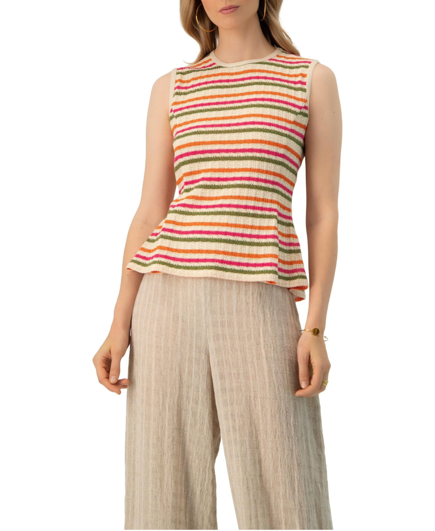 Women's Sleeveless Peplum Striped Knit Blouse