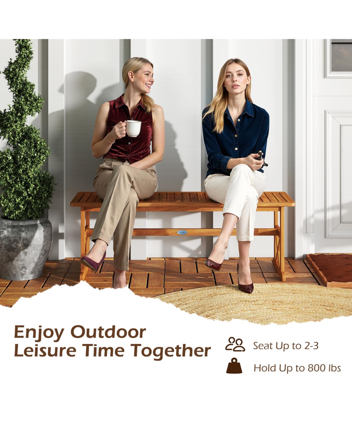 Gymax 2 Pcs 51 Inches Acacia Wood Outdoor Bench Slatted Seat and X-Shaped Frame