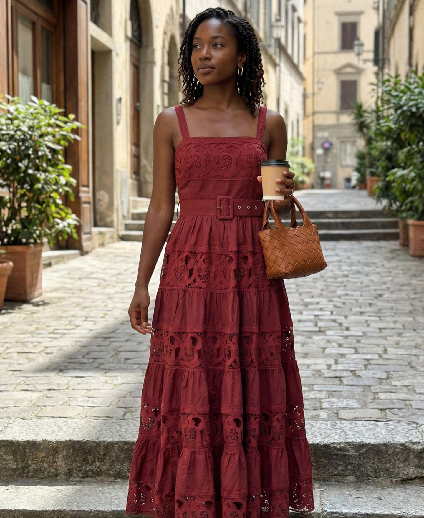 Женское платье Modenaire Belted Tiered Lace Square-Neck Midi — фото 6