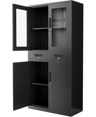 Metal Storage Cabinet, Glass 2 Doors with Lock, 2 Drawers and Adjustable Shelves, for Office Garage Living Room