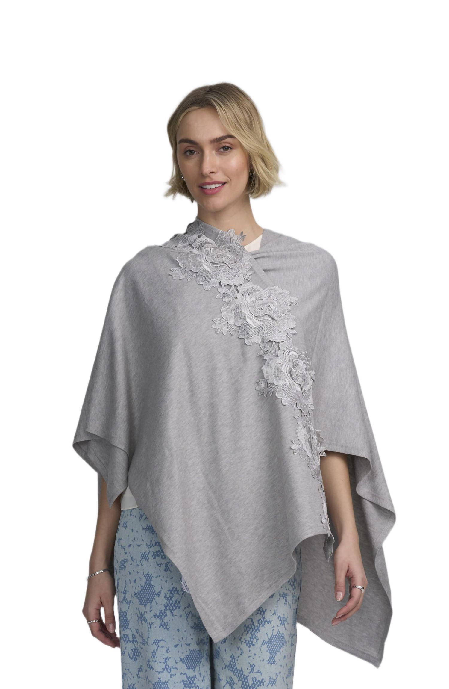 Fine Gauge Draped Cardigan With Lace Applique