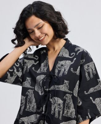 Women's Oversized Shirt with Front-ties in Animal Print