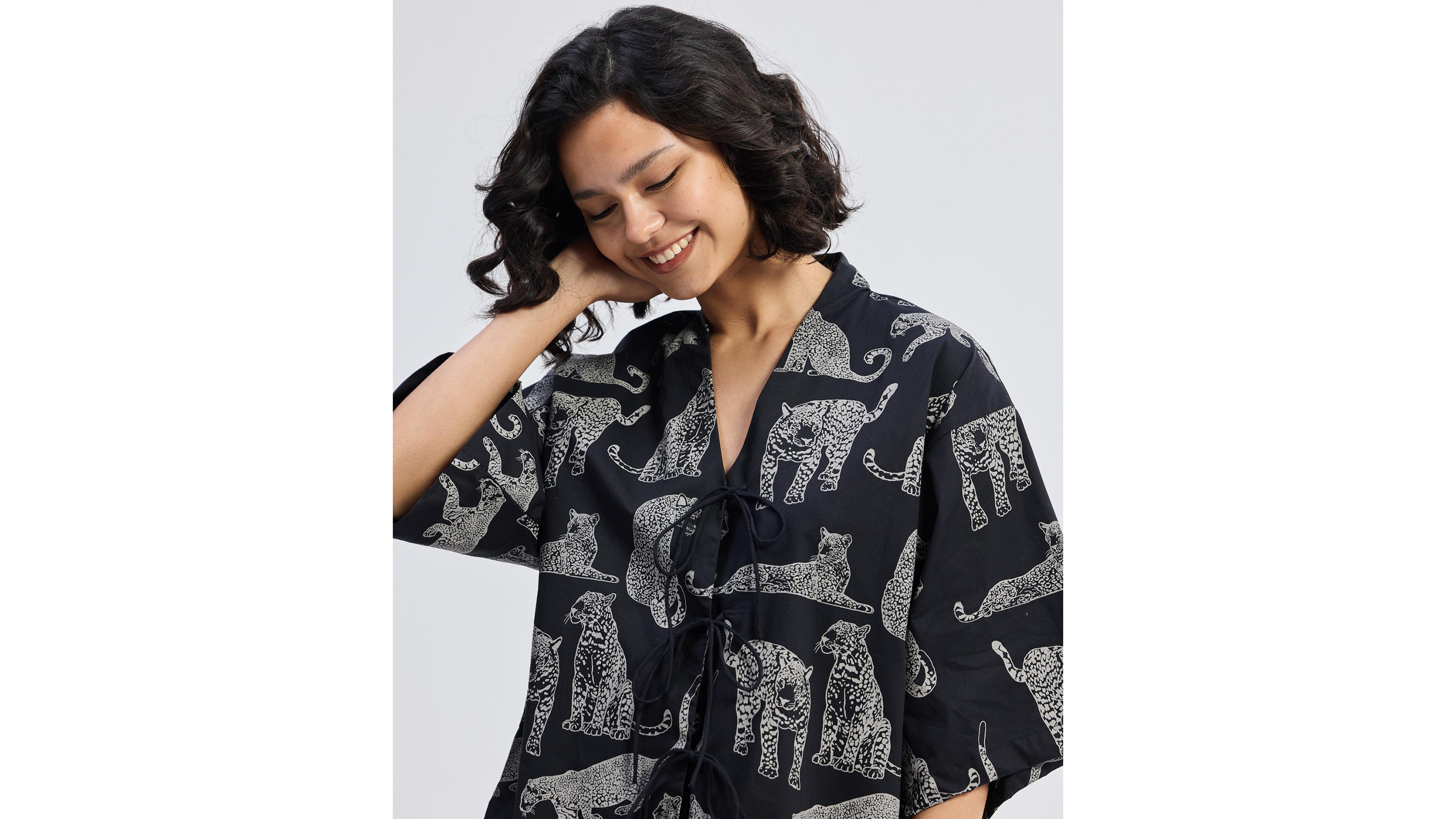 Reistor Women's Oversized Shirt with Front-ties Animal Print