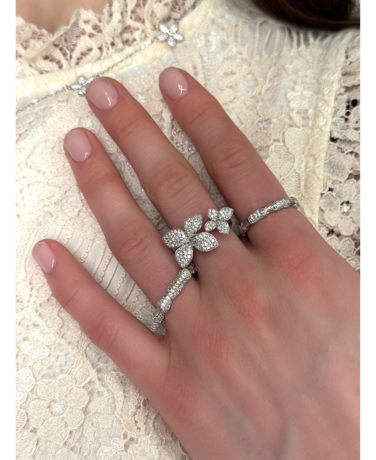 Suzy Levian Sterling Silver Cubic Zirconia Between The Finger Double Flower Ring