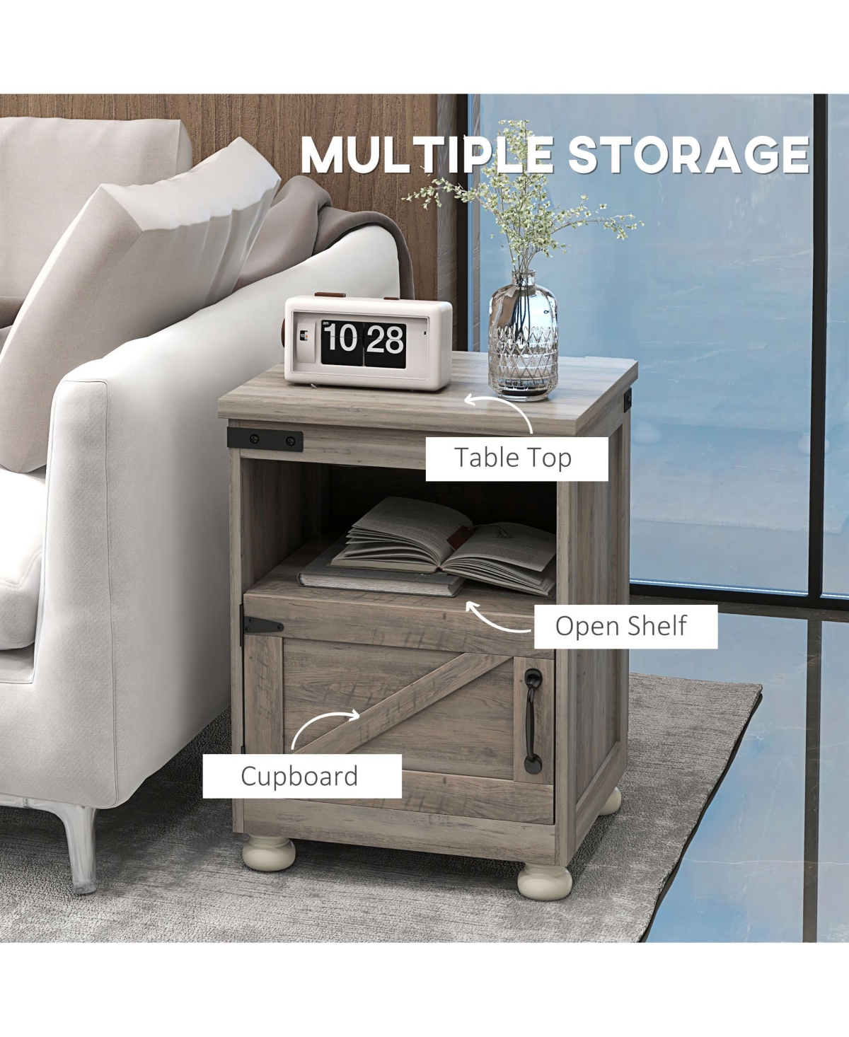 Homcom Farmhouse Side Table, End Table with Open Shelf and Cupboard,