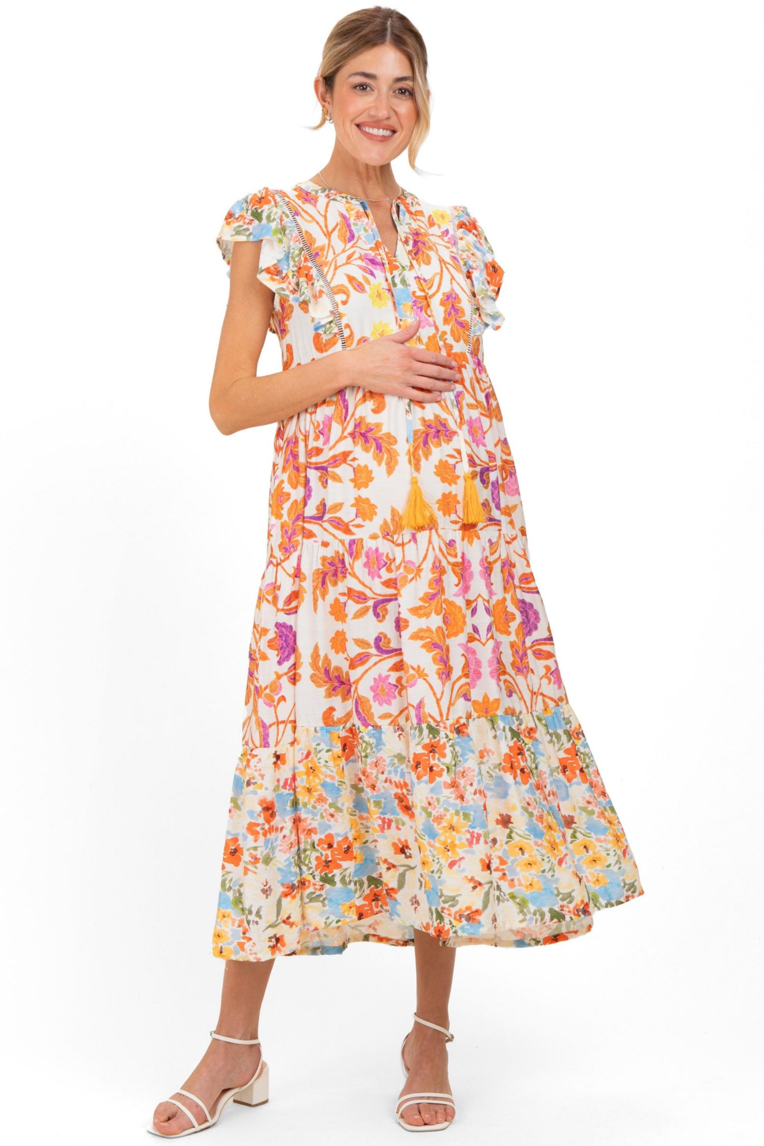 Women's Orange Colorblock Floral Tassel Front Tie Dress