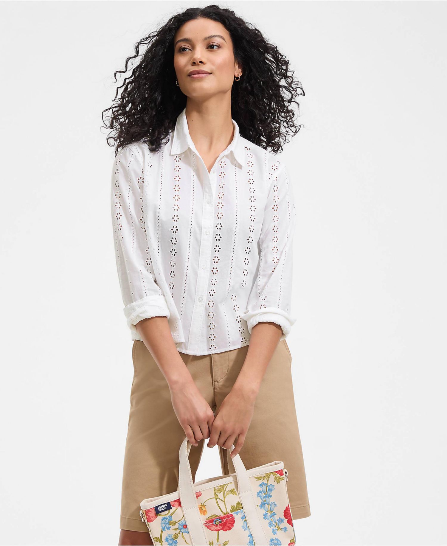 Women's Eyelet Cropped Button Front Shirt